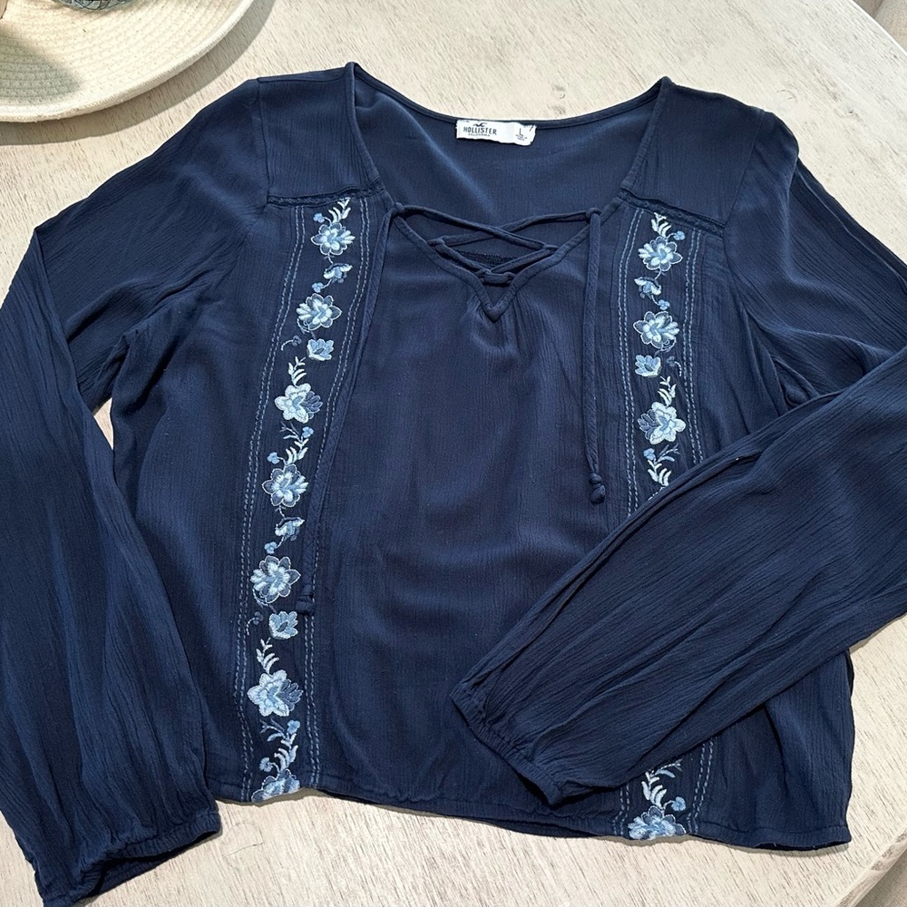 Hollister Dark Blue Floral Embroidered Blouse